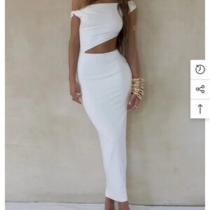 White twist off shoulder midi dress
